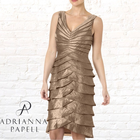 Adrianna Papell Bronze Metallic Shutter Pleat Cocktail Dress Size 12 - Picture 1 of 10